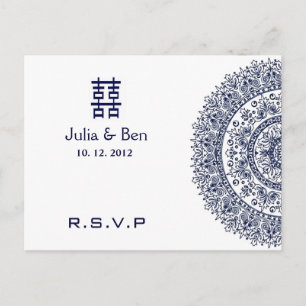 Invitation Carte Postale Chine bleu blanc porcelaine double bonheur RSVP