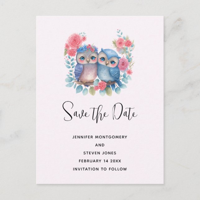 Invitation Carte Postale Chouettes amoureuses assis sur la branche de l'arb (Devant)
