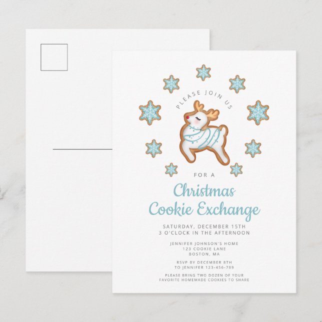 Invitation Carte Postale Christmas Cookie Exchange Cute Reindeer (Devant / Derrière)