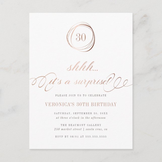 Invitation Carte Postale Chut... C'est un Surprise Rose Gold Surprise Party (Devant)