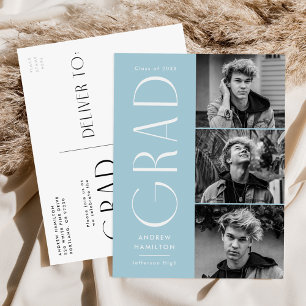 Invitation Carte Postale Ciel bleu moderne 3 Photo Graduation Party