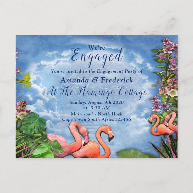 Invitation Carte Postale Ciel bleu, nuages fluides et Flamants roses roses (Devant)