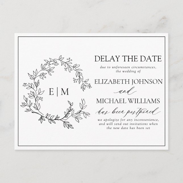 Invitation Carte Postale Cimier Blanc Noir Feutre Monogramme Retard Date (Devant)