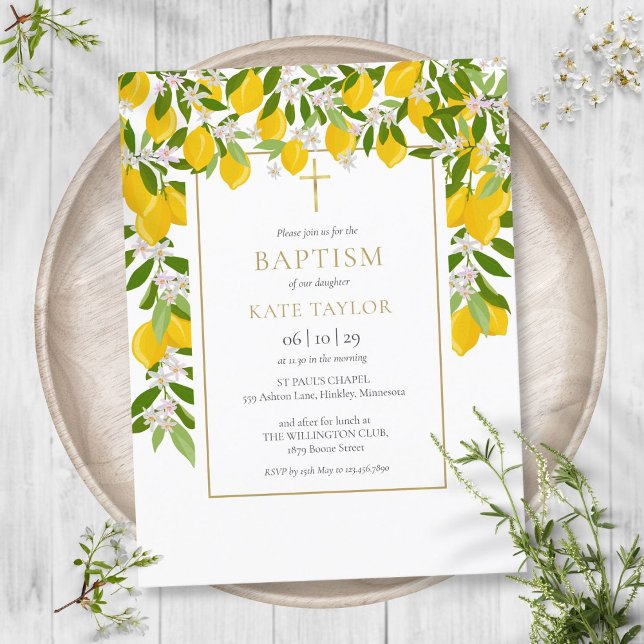 Invitation Carte Postale Citrons Fleurs Verdure Baptême Christening (Créateur téléchargé)