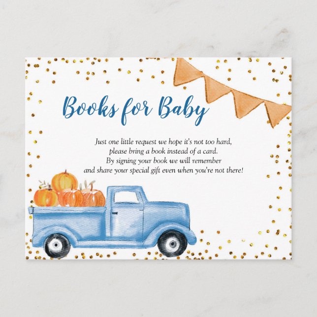 Invitation Carte Postale Citrouille Automne Livres de Camion Bleu pour Baby (Devant)
