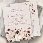 Invitation Carte Postale Citrouille blanc Bourgogne Fleur sauvage 40e anniv<br><div class="desc">D'élégants citrouilles blancs sont nichés dans des fleurs d'aquarelle bordeaux et blanches.</div>