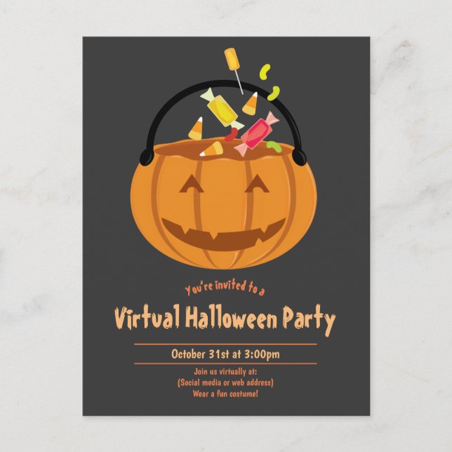 Invitation Carte Postale Citrouille Pail Candy Grey Virtual Halloween Party (Devant)