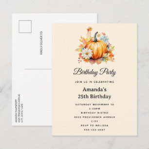 Invitation Carte Postale Citrouilles orange et fleurs Anniversaire d'automn