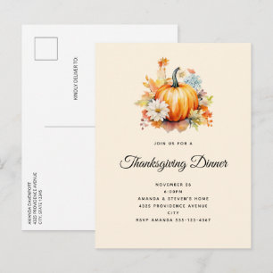 Invitation Carte Postale Citrouilles orange et fleurs automne Action de grâ