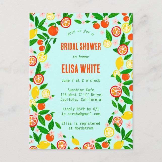 Invitation Carte Postale Citrus Celebration CUSTOM Summer BRIDAL SHOWER (Devant)