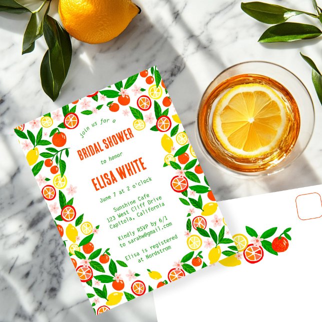 Invitation Carte Postale Citrus Celebration CUSTOM Summer BRIDAL SHOWER (Citrus Celebration CUSTOM Summer Hand-drawn BRIDAL SHOWER Party Invitation Postcard
)