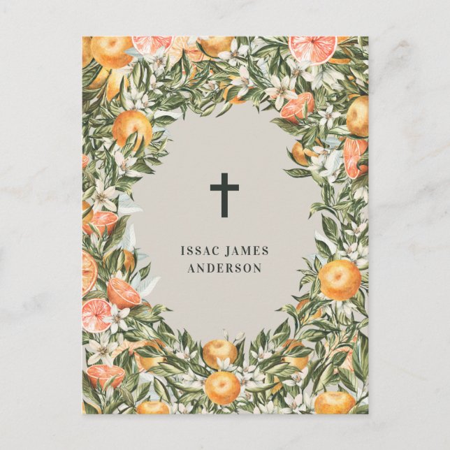 Invitation Carte Postale Citrus, orange + fleurs baptême baptême baptême ba (Devant)