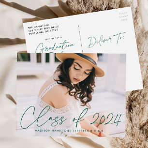 Invitation Carte Postale Class of 2023 Green Script Photo Graduation Party
