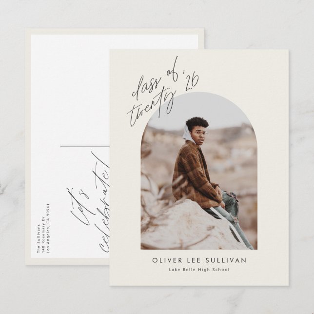 Invitation Carte Postale Classe Boho de 2025 Arch Photo Graduation (Devant / Derrière)