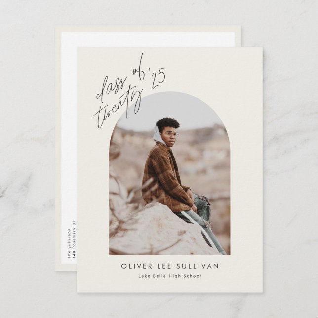 Invitation Carte Postale Classe Boho de 2025 Arch Photo Graduation (Devant / Derrière)