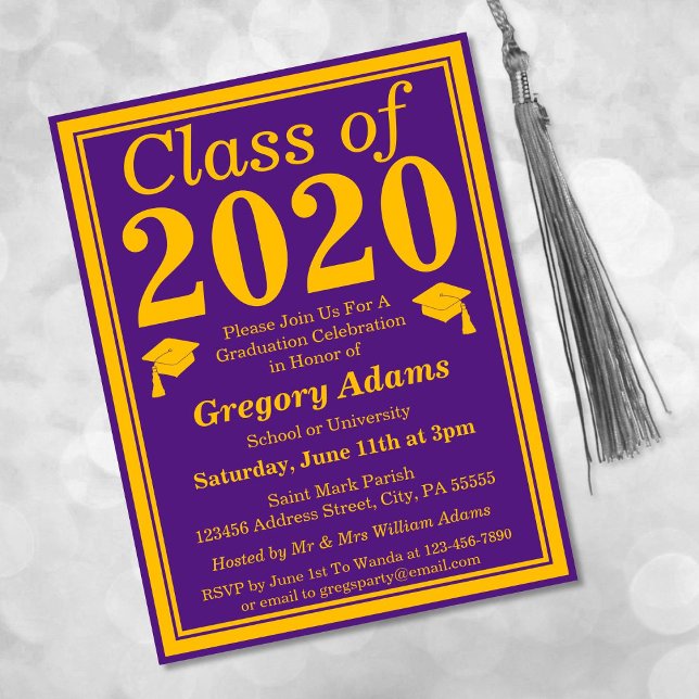 Invitation Carte Postale Classe de 2023 Purple Gold Graduation (Créateur téléchargé)