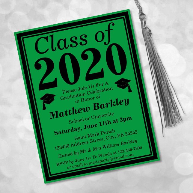 Invitation Carte Postale Classe de 2024 Green Black Graduation (Créateur téléchargé)