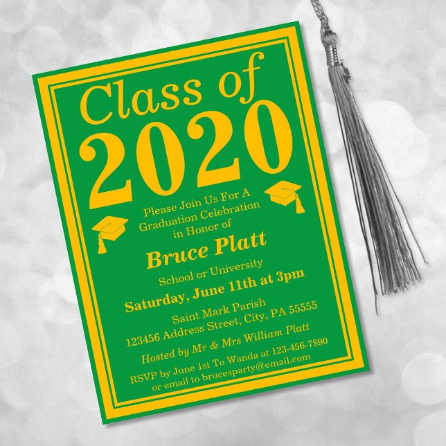 Invitation Carte Postale Classe de 2024 Green Gold Graduation (Créateur téléchargé)