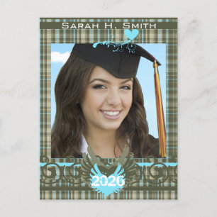 Invitation Carte Postale Classe de 2026 Olive Green & Blue Plaid Graduation