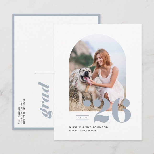 Invitation Carte Postale Classe Dusty Blue de 2025 Arch Photo Graduation (Devant / Derrière)