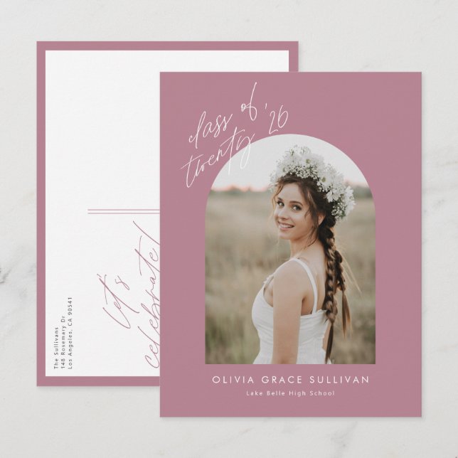 Invitation Carte Postale Classe Mauve de 2024 Arch Photo Graduation (Devant / Derrière)