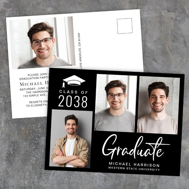 Invitation Carte Postale Classe photo moderne de 2025 Black Graduation Part (Modern Black Photo Graduation Party Invitation Postcard)