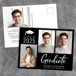 Invitation Carte Postale Classe photo moderne de 2025 Black Graduation Part