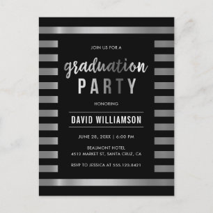 Invitation Carte Postale Classic Black & Silver Stripes Graduation Party