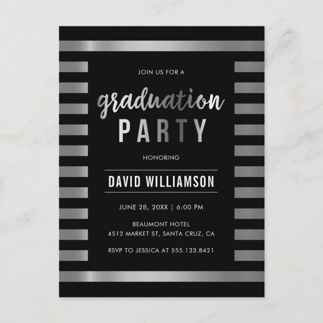 Invitation Carte Postale Classic Black & Silver Stripes Graduation Party (Devant)