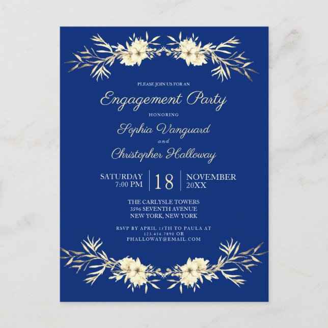 Invitation Carte Postale Classic Blue Winter Floral Engagement Party Invita (Devant)