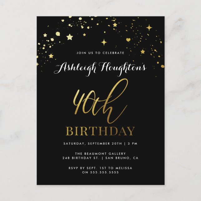 Invitation Carte Postale Classy Black & Gold Confetti 40e anniversaire (Devant)