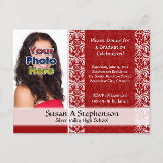 Invitation Carte Postale Classy Damask Graduation Faire-part, Rouge