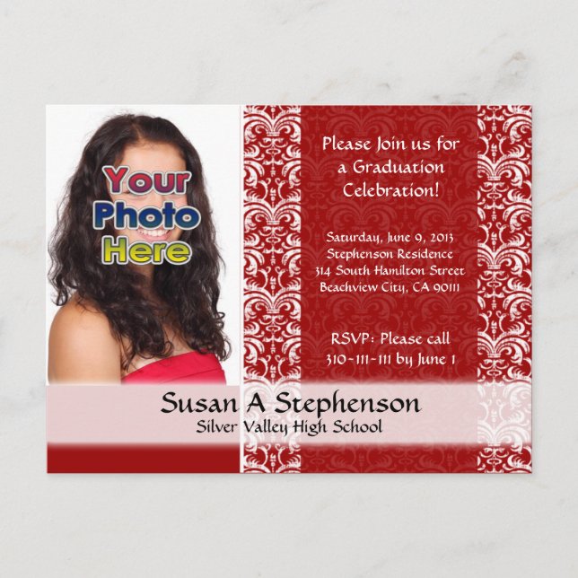 Invitation Carte Postale Classy Damask Graduation Faire-part, Rouge (Devant)