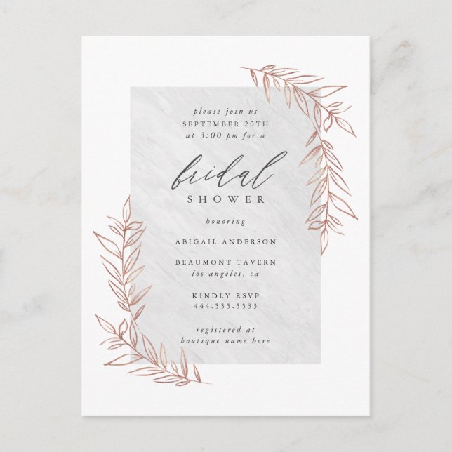 Invitation Carte Postale Classy Marble & Rose Fête des mariées Branches d'o (Devant)