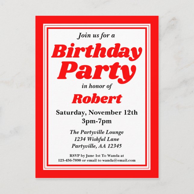 Invitation Carte Postale Classy Red Adult fête d'anniversaire (Devant)