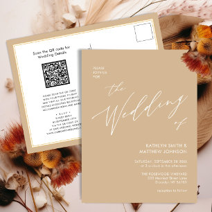 Invitation Carte Postale Code QR Beige Tout en un Mariage de script moderne