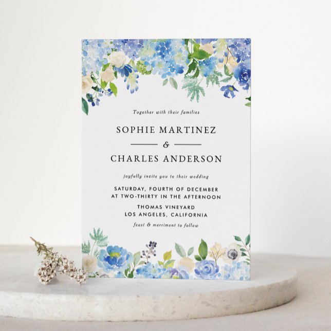 Invitation Carte Postale Code QR de mariage Hydrangea et Rose aquarelle ble (Blue Watercolor Hydrangea and Rose QR Code Wedding Invitation Postcard)