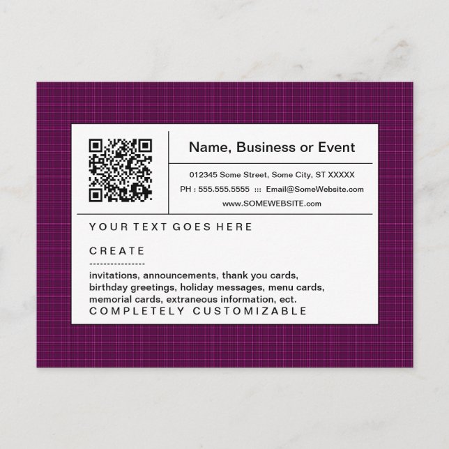 Invitation Carte Postale code QR raffiné : plaid magenta (Devant)
