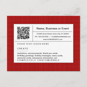 Invitation Carte Postale code QR raffiné : rouge plaid