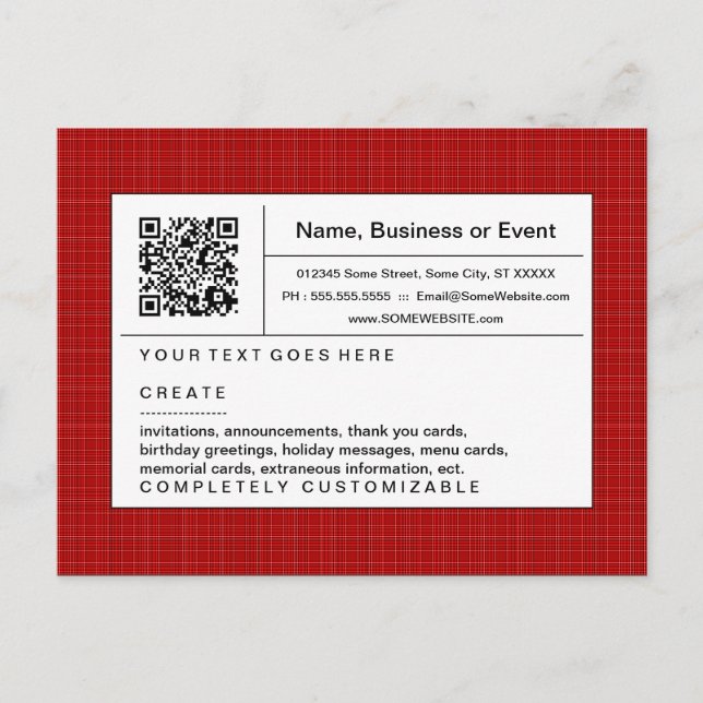 Invitation Carte Postale code QR raffiné : rouge plaid (Devant)