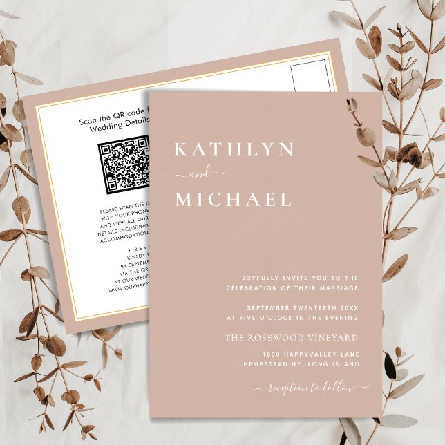 Invitation Carte Postale Code QR rose vif Tout en un Mariage moderne chic (Créateur téléchargé)