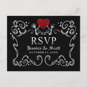 Invitation Carte Postale Coeur blanc noir de squelettes de Halloween