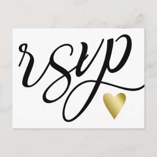 Invitation Carte Postale Coeur d'or et calligraphie noire RSVP