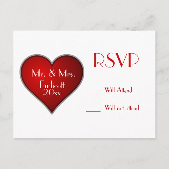 Invitation Carte Postale Coeur rouge romantique avec nom et Mariage Date RS (Devant)