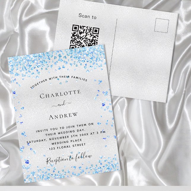 Invitation Carte Postale Coeurs bleu argenté Code QR mariage RSVP (Créateur téléchargé)