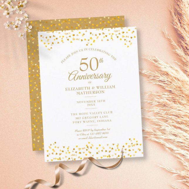 Invitation Carte Postale Cœurs d'amour dorés pour le 50e anniversaire (Créateur téléchargé)