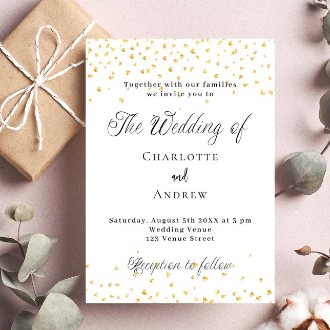 Invitation Carte Postale Coeurs d'or blanc mariage élégant script (Créateur téléchargé)