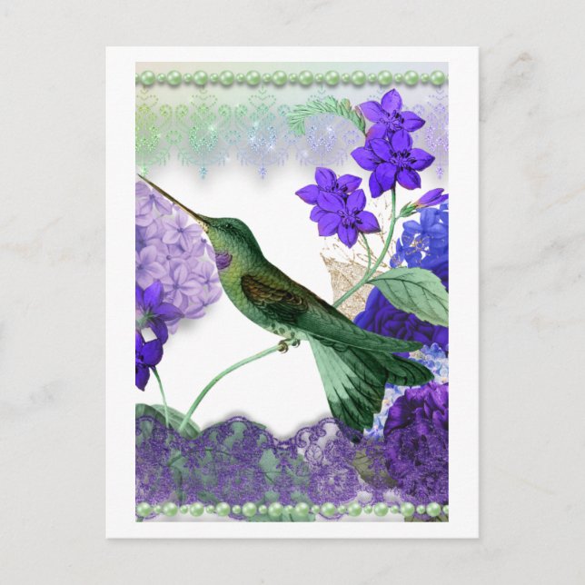 Invitation Carte Postale Colibri vert avec fleurs, dentelle, perles (Devant)