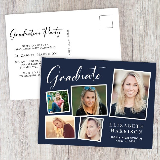 Invitation Carte Postale Collage de photos moderne fête de fin d'études ble (Modern Photo Collage Blue Graduation Party Invitation Postcard)