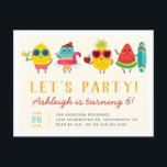 Invitation Carte Postale Coloré Kawaii Summer Kids' Birthday Party<br><div class="desc">Invitation à la fête d'anniversaire des enfants d'été colorée avec une illustration de citron kawaii,  une crème glacée avec une bague de natation flamingo,  un ananas et une tranche de pastèque avec planche de surf.</div>